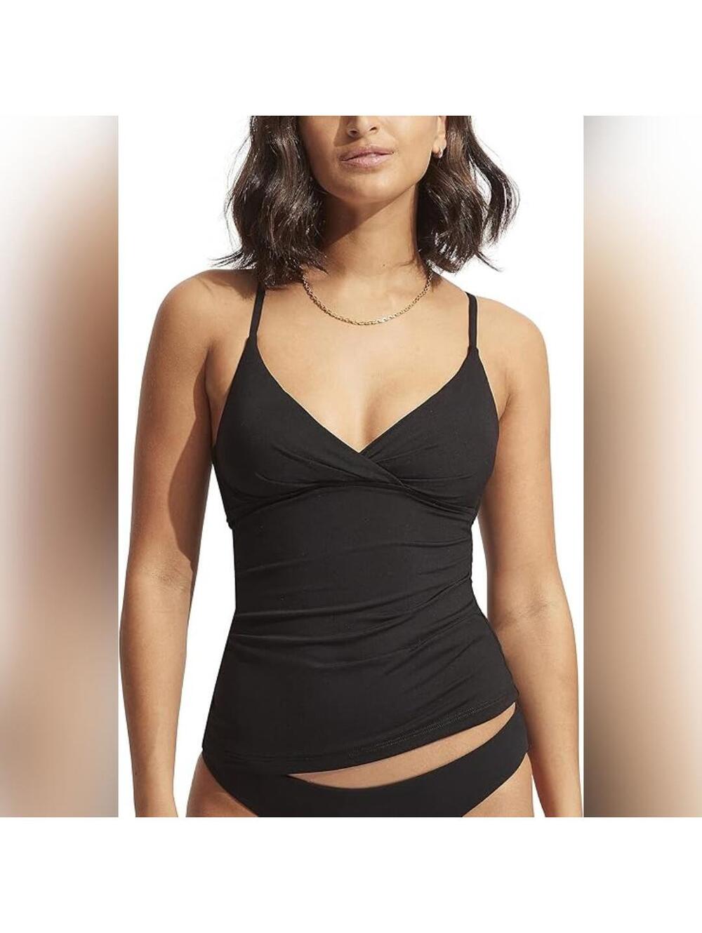 NWT Seafolly Standard Wrap Front Tankini Top Swimsuit, Eco Collective Black, 10